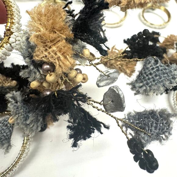 Pier 1 Imports Black Blue Jute Burlap Stones Pearl Beaded Napkin Rings Set of 6 - Picture 2 of 6